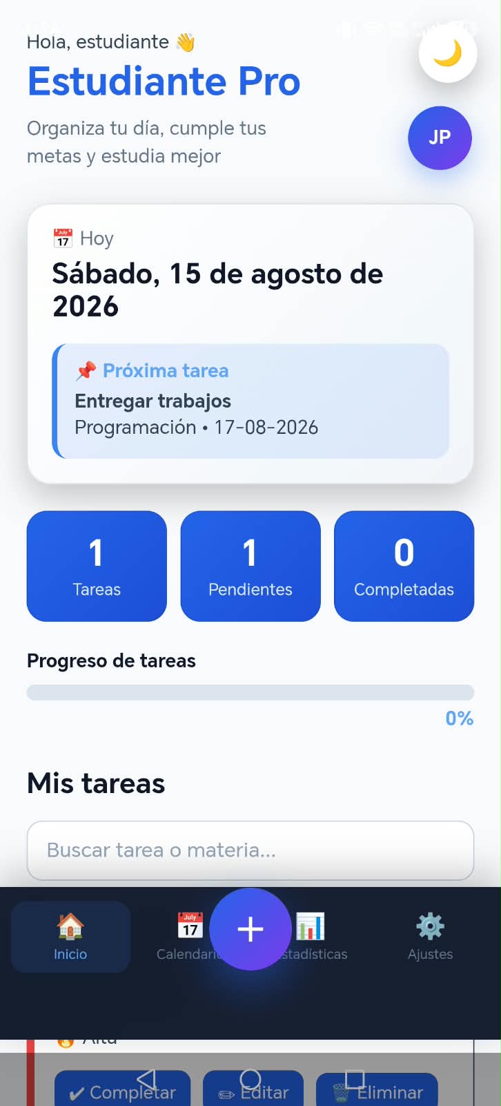 Pantalla principal de la aplicación Estudiante Pro