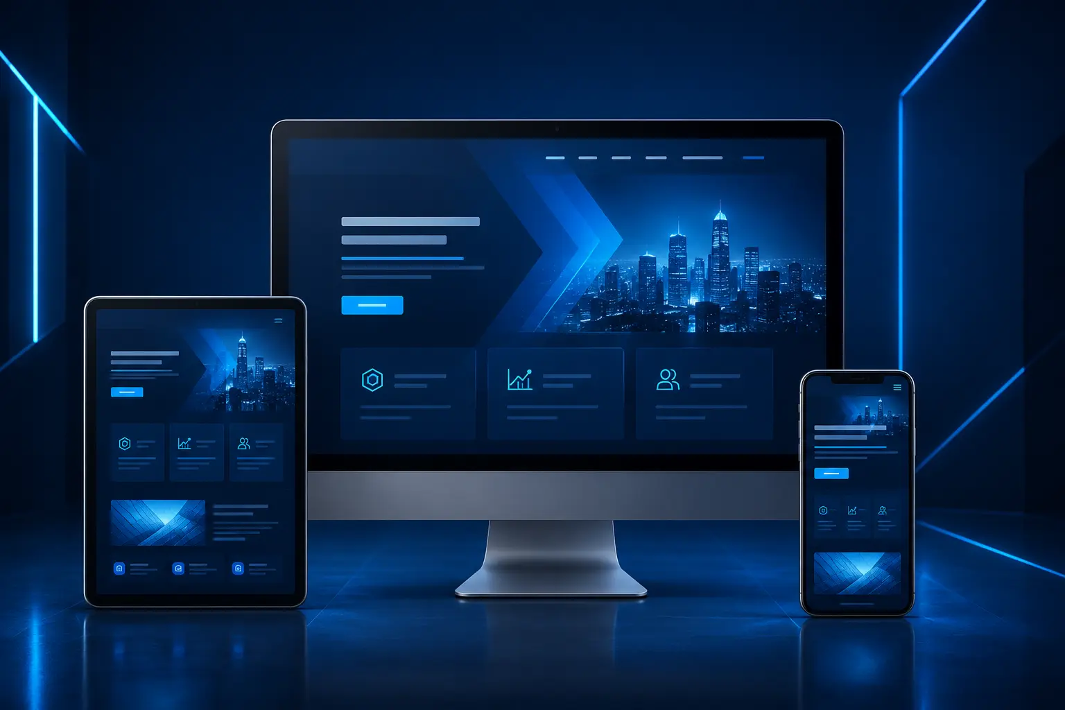 Sitio web moderno adaptable mostrado en computador, tablet y celular